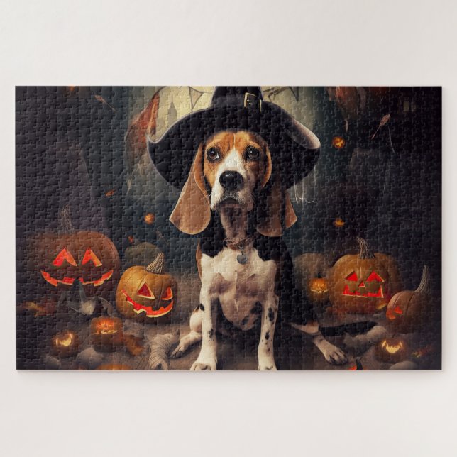 Quebra-cabeça Beagle Pumpkins Halloween Assustado (Horizontal)