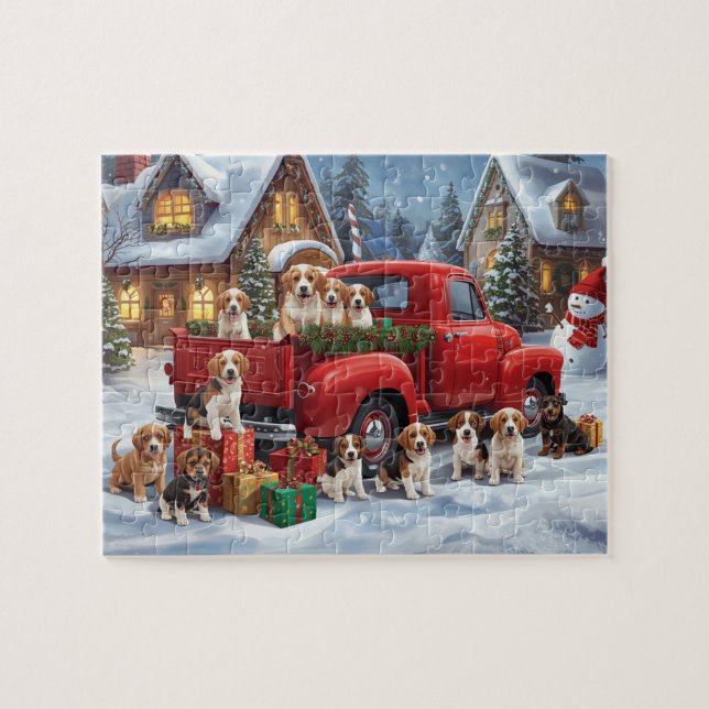 Quebra-cabeça Beagle Puppies Red Truck Christmas Snow Scene (Horizontal)