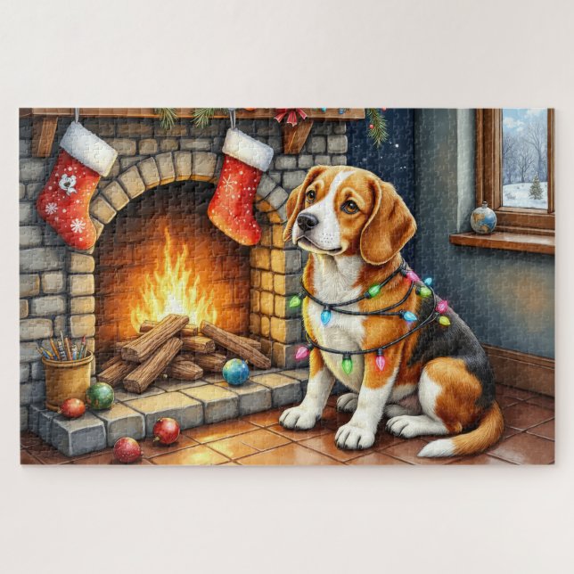 Quebra-cabeça Beagle Sentado ao Lado da Lareira com Luzes de Nat (Horizontal)