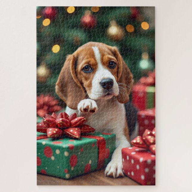 Quebra-cabeça Beagle Wrapping Gifts Christmas Painting (Vertical)
