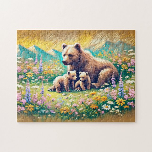 Quebra-cabeça Bear Family em Mountain Meadow Pastel Chalk Drawin (Horizontal)