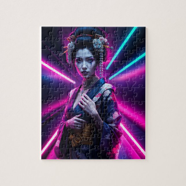 Quebra-cabeça Beautiful Geisha Puzzle with Neon Background – Ele (Vertical)