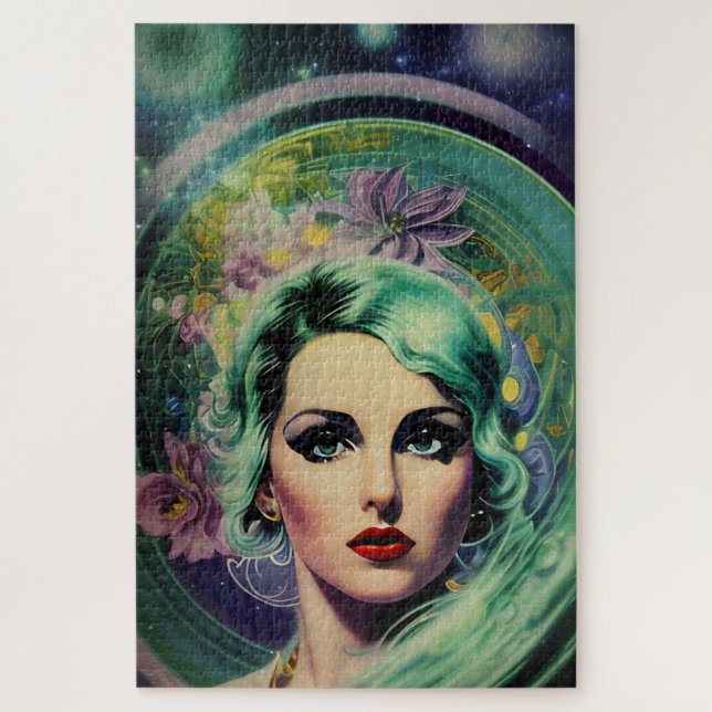 Quebra-cabeça Beautiful Lavender & Green Retro Style Space Woman (Vertical)