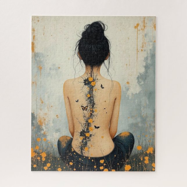 Quebra-cabeça Beautiful Woman, Ink, Wildflowers and Butterflies (Vertical)