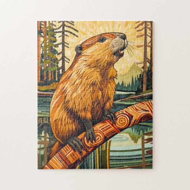 Quebra-cabeça Beaver Totem – Builder in Deco Style (Vertical)