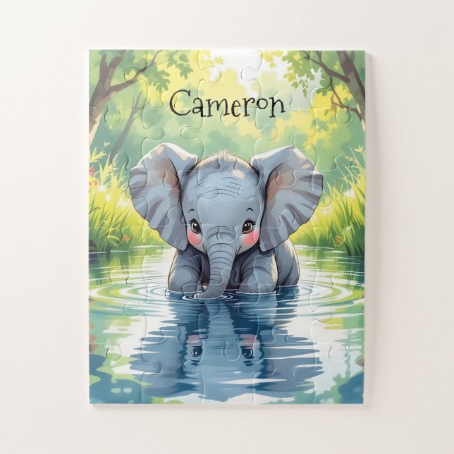 Quebra-cabeça Bebê Elefante Adorável e Reflexo Personalizado (Vertical)