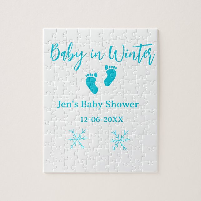 Quebra-cabeça Bebê no inverno chá de fraldas pés de bebê azul fl (Vertical)