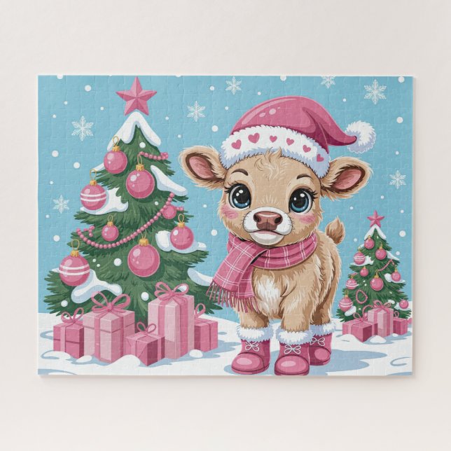 Quebra-cabeça Bebê Vaca Rosa Natal Fofo (Horizontal)