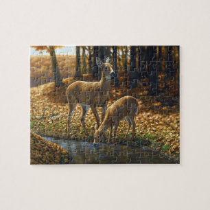 Quebra-cabeça Bebendo Whitetail Doe e Fawn de um Fluxo