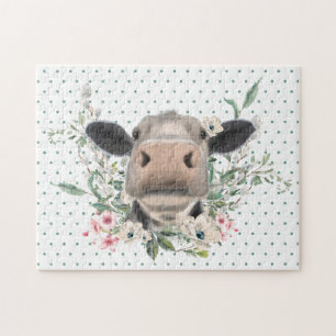 Quebra-cabeça beijo de nariz de vaca flores aquarela cinza anima