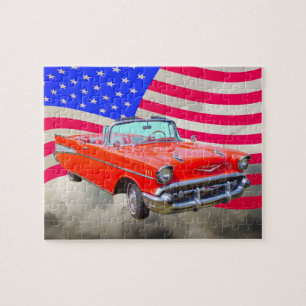 Quebra-cabeça Bel Air 1957 de Chevrolet e bandeira dos E.U.