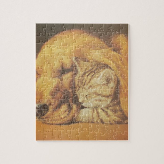 Quebra-cabeça Bela Arte de Gato e Cachorro Se Aconchegando Impre (Vertical)