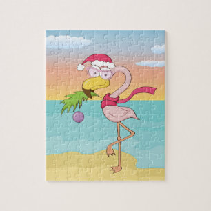 Quebra-cabeça Bela caricatura de Natal flamingo na praia