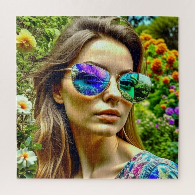 Quebra-cabeça Bela Garota com Reflexo de Flores nos Óculos de So (Vertical)