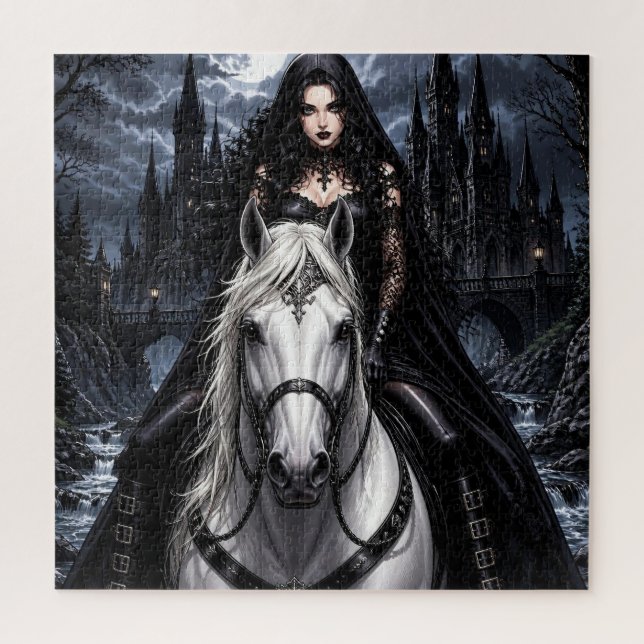 Quebra-cabeça Bela Mulher Gótica em Cavalo Branco (Vertical)