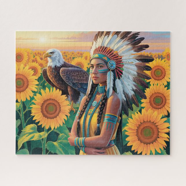 Quebra-cabeça Bela Mulher Nativa Americana Com Águia (Horizontal)