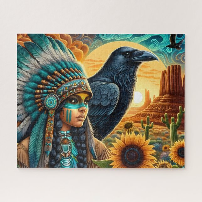 Quebra-cabeça Bela Mulher Nativa Com Corvo E Girassóis (Horizontal)
