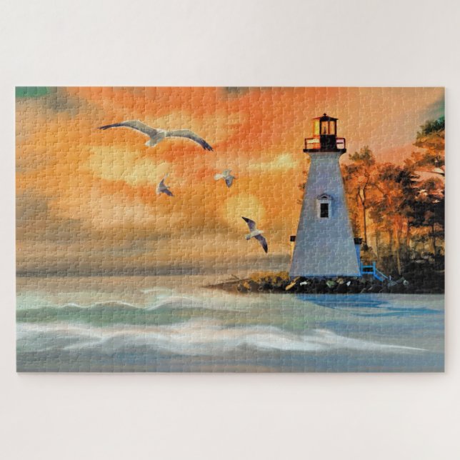 Quebra-cabeça Bela pintura de Farol e Cena Marítima (Horizontal)