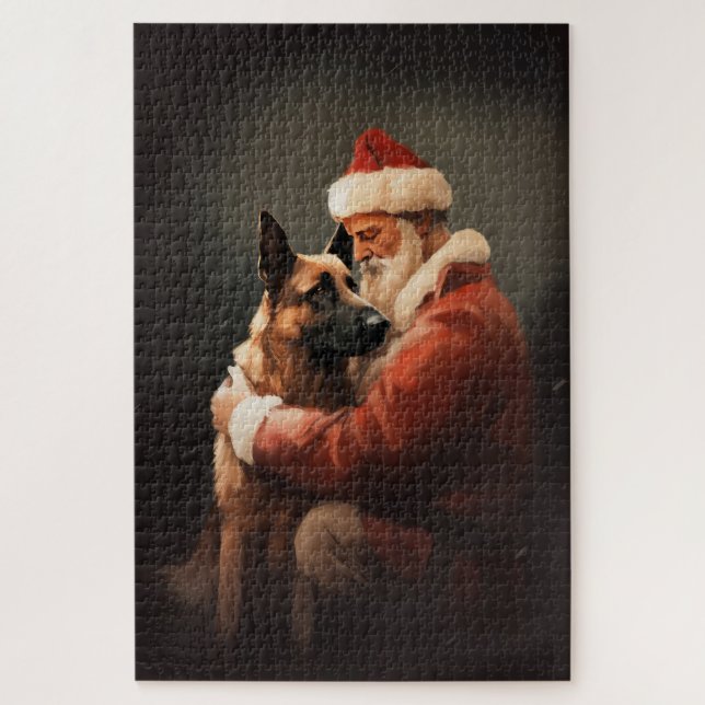Quebra-cabeça Belga Malinoi com Papai Noel Natal Festivo (Vertical)