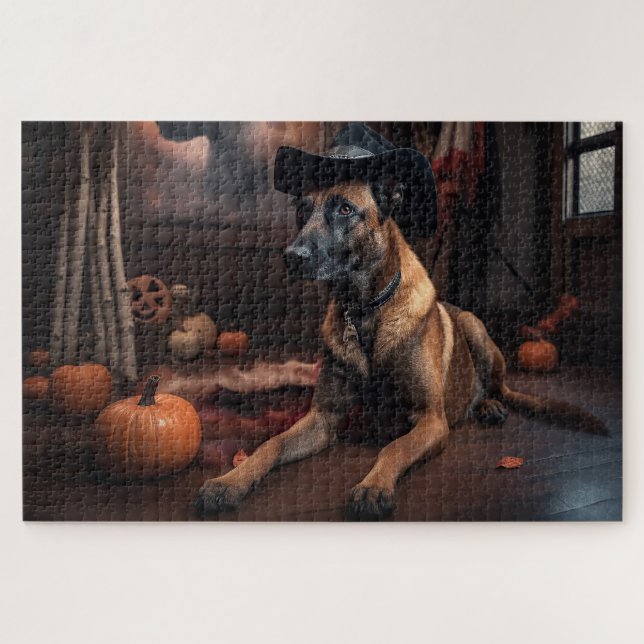 Quebra-cabeça Belga Malinois Pumpkins Halloween Scary (Horizontal)