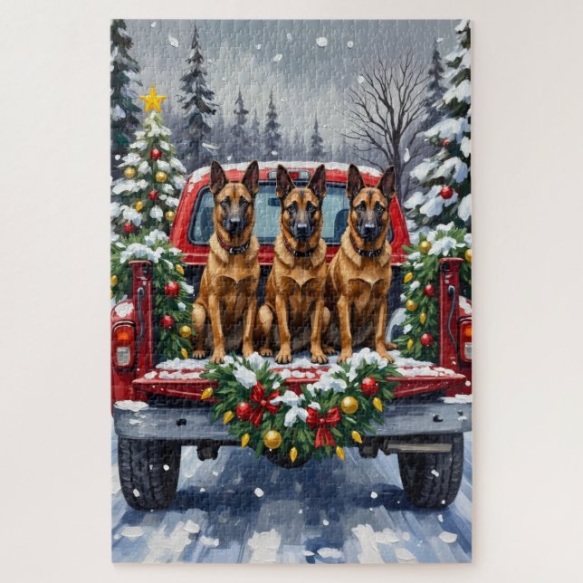 Quebra-cabeça Belgian Malinois Christmas Red Truck Holiday (Vertical)