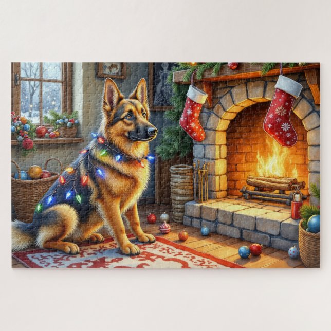Quebra-cabeça Belgian Shepherd Fireplace with Christmas Lights (Horizontal)