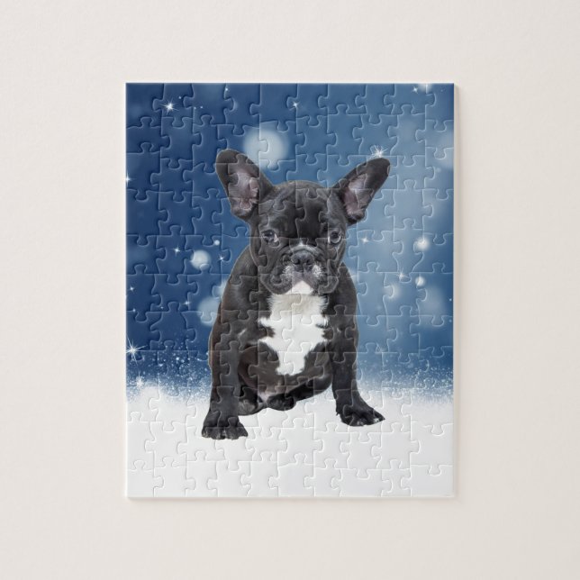 Quebra-cabeça Belo Buldogue Francês Estrelas de Neve Azul Natal (Vertical)