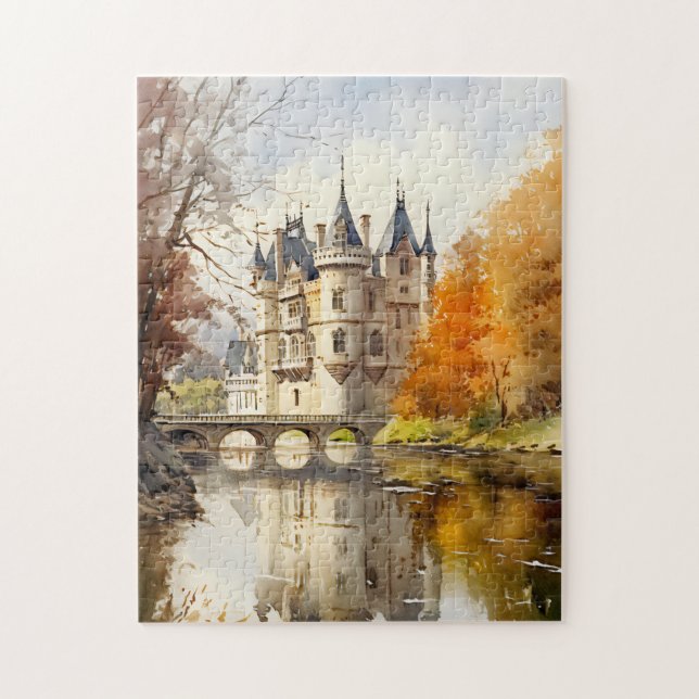 Quebra-cabeça Belo Castelo Francês Puzzle de Aquarela (Vertical)
