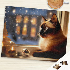 Quebra-cabeça Belo Gato Siames pela Janela Natal Animal