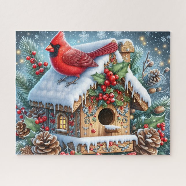 Quebra-cabeça Belo Pássaro Cardinal de Inverno com Casa de Pássa (Horizontal)