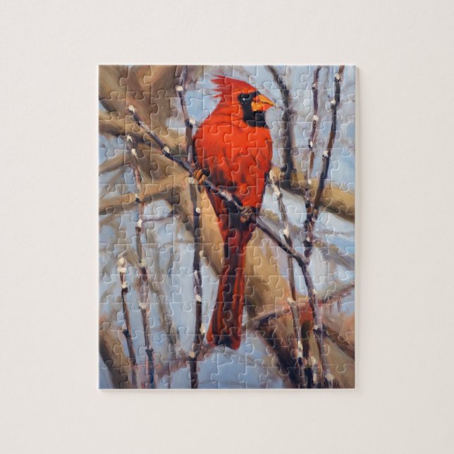 Quebra-cabeça Belo Pássaro Cardinal Vermelho em Árvore Seca (Vertical)