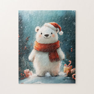 Quebra-cabeça Belo Urso Polar Santa Hat e Arte Escarlate