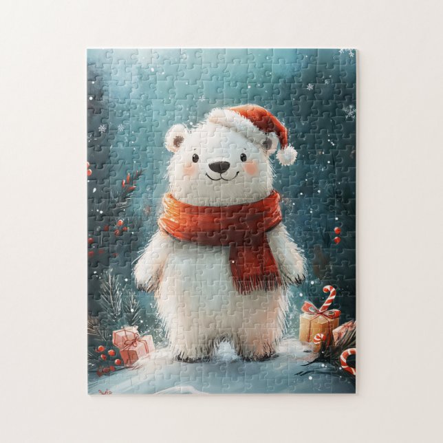 Quebra-cabeça Belo Urso Polar Santa Hat e Arte Escarlate (Vertical)