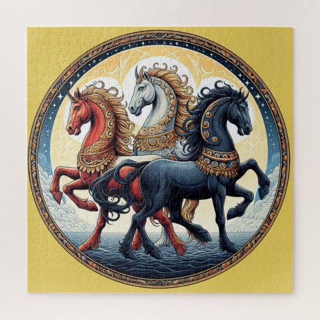 Quebra-cabeça "Belos Cavalos Vermelhos, Brancos e Azuis Místicos (Vertical)
