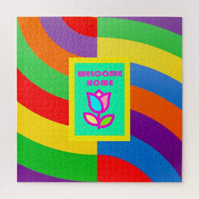 QUEBRA-CABEÇA BEM-VINDO PARA CASA COM FITAS E PADRÃO DE FLORES (Vertical)