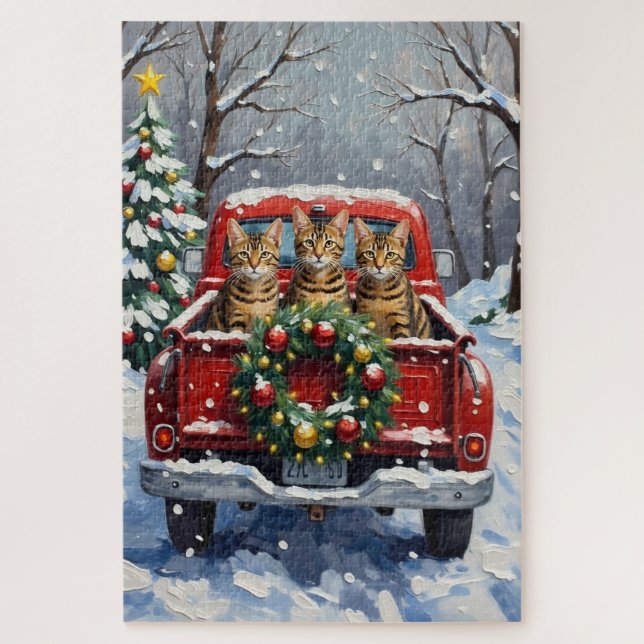 Quebra-cabeça Bengal Cat Christmas Red Truck Holiday (Vertical)