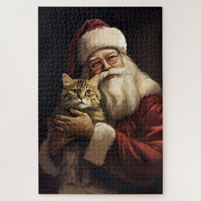 Quebra-cabeça Bengala Cat com Papai Noel Natal Festivo (Vertical)
