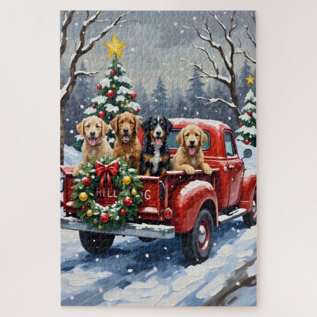 Quebra-cabeça Bernedoodle Christmas Red Truck Holiday (Vertical)