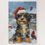 Quebra-cabeça Bernedoodle Dog Winter Wonderland Christmas<br><div class="desc">Este design festivo captura o espírito alegre da época de férias, apresentando um adorável filhote vestindo um chapéu de Papai Noel. O cachorro está aninhado numa terra maravilhosa de inverno, completo com um boneco de neve, uma árvore de Natal decorada, e presentes lindamente envoltos. Os flocos de neve caem suavemente,...</div>