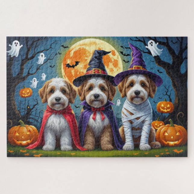 Quebra-cabeça Bernedoodle Dogs Pumpkin Halloween Engraçado (Horizontal)