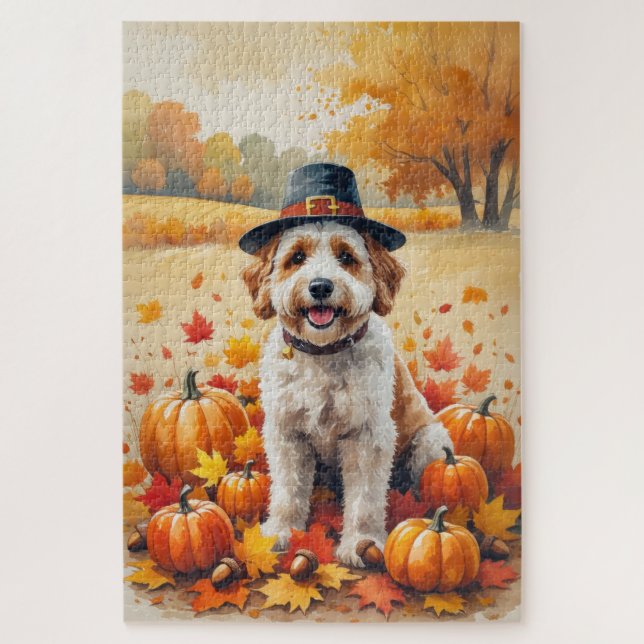 Quebra-cabeça Bernedoodle Entre Folhas de Outono Arte de Ação de (Vertical)