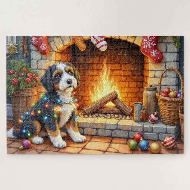 Quebra-cabeça Bernedoodle Lareira com Luzes de Natal (Horizontal)