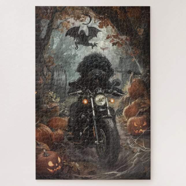 Quebra-cabeça Bernedoodle Pilotando Moto no Halloween Assustador (Vertical)