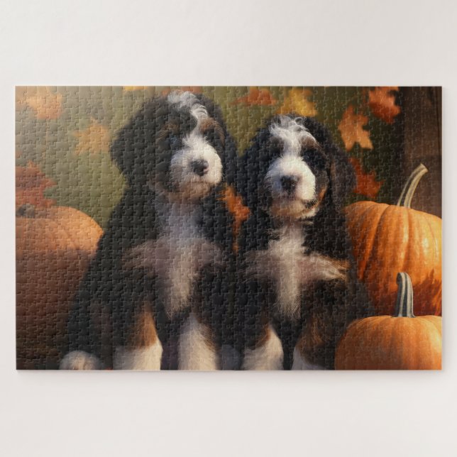 Quebra-cabeça Bernedoodle Puppy Autumn Delight Pumpkin (Horizontal)
