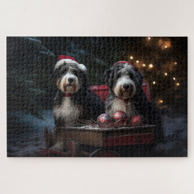 Quebra-cabeça Bernedoodle Snowy Sleigh Decência de Natal (Horizontal)