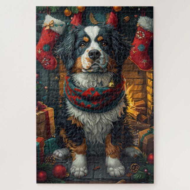 Quebra-cabeça Bernese Mountain com Presentes de Natal Lareira (Vertical)
