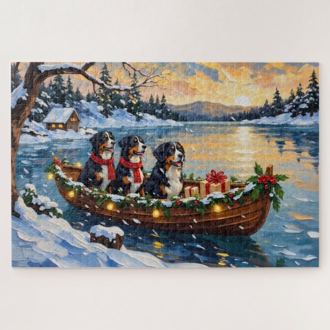 Quebra-cabeça Bernese Mountain Dog Christmas Boat Holiday (Horizontal)
