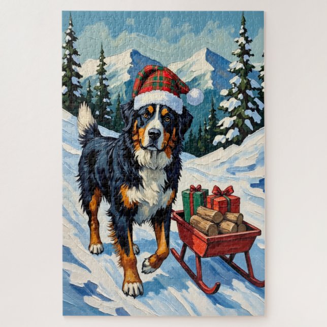 Quebra-cabeça Bernese Mountain Dog Pulling Christmas Sled Hat (Vertical)