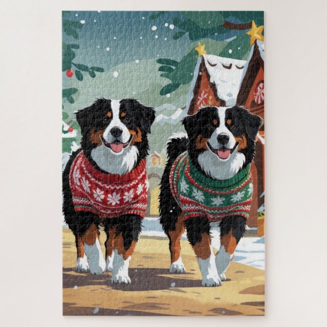 Quebra-cabeça Bernese Mountain Dogs Christmas Snow Holiday (Vertical)