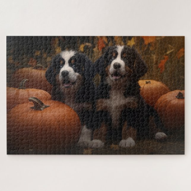 Quebra-cabeça Bernese Mountain Puppy Autumn Delight Pumpkin (Horizontal)
